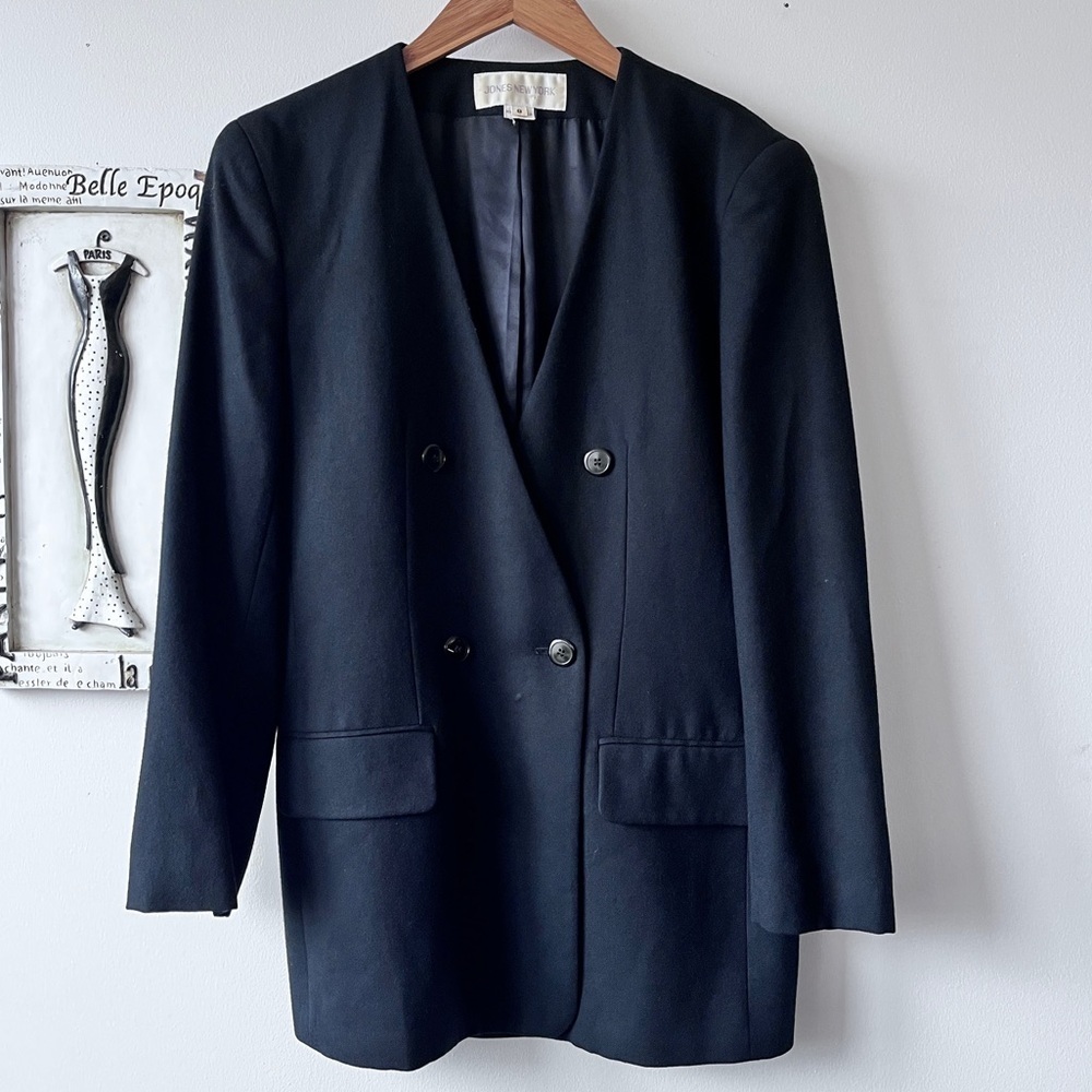 Vintage 80s Jones New York Double Breasted Collarless Wool USA Made Blazer Sz 8